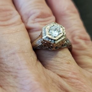 14 k white gold platinum diamond ring Art Deco